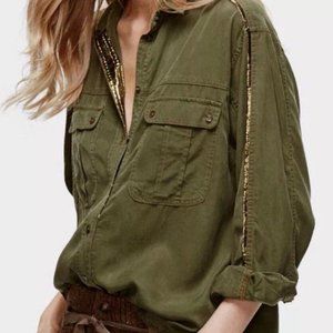 Free People Off Campus Button Down Shirt Shimmer Metallic Trim